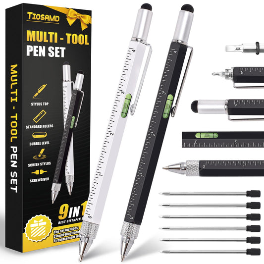 9-in-1 Multitool Pen Set for Men – 2 Pens + 6 Refills, Unique Tech Gift from Wife or Daughter for Christmas, Birthday, Valentine’s
