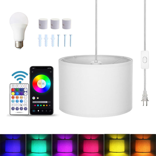 ZSLAIFU 15FT White Hanging Pendant Lamp with Switch & Remote, Plug-in Cord Ceiling Light for Living Room, Bedroom, Farmhouse