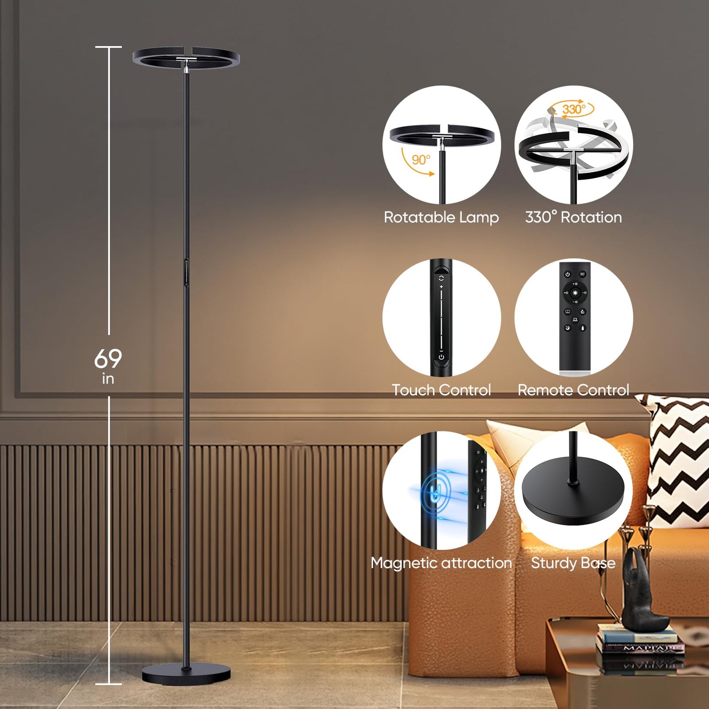 SIBRILLE LED Floor Lamp, 22W Dimmable Standing Light, Touch & Remote Control, 3000-6000K, Rotatable Uplighter for Living Room & Bedroom
