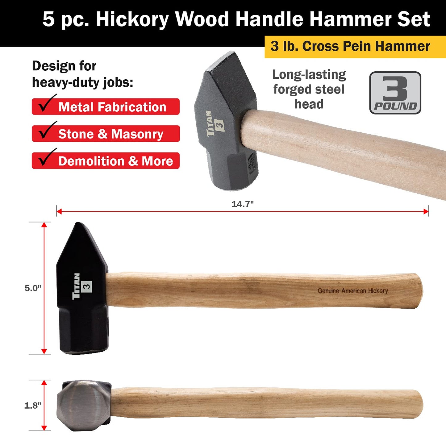 Titan 85070 5-Piece Hammer Set, Includes 16oz & 32oz Ball Pein, 16oz Rubber Mallet, 3lb Sledgehammer & 3lb Cross Pein with Hickory Wood Handles