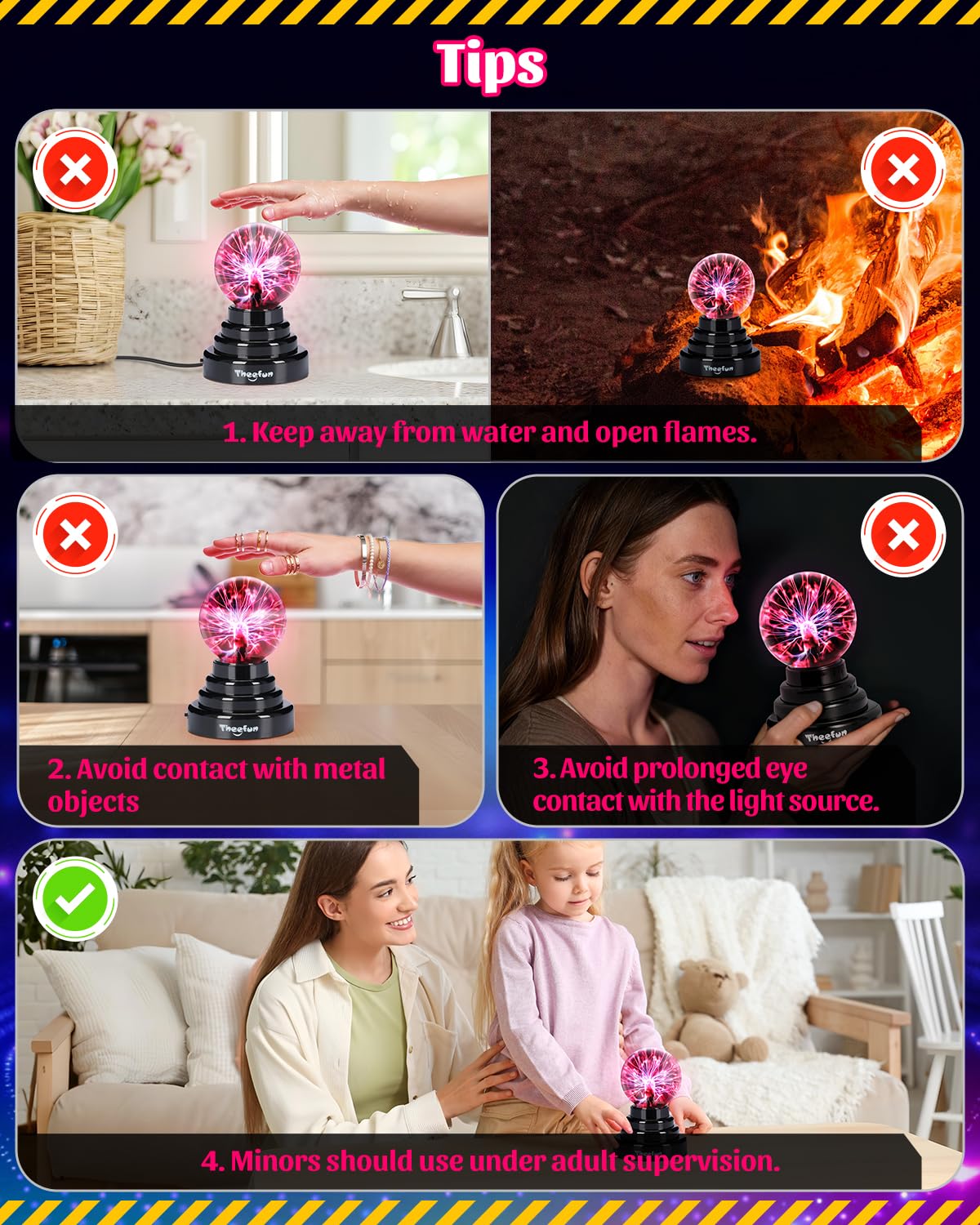 Theefun 3 Inch Plasma Ball Lamp, Touch Sensitive Plasma Globe, USB or Battery Powered, Nebula Lightning Novelty Toy & Home Decor