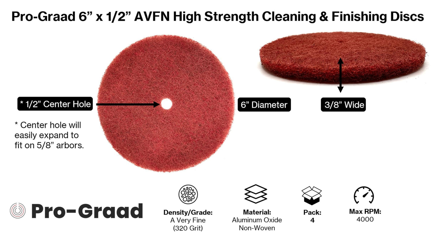Pro-Graad 4 Pack 6” x 1/2” Very Fine (AVFN) High Strength Non-Woven Buffing, Blending, Cleaning, Light Deburring & Finishing Discs, 27747, Pack of 4