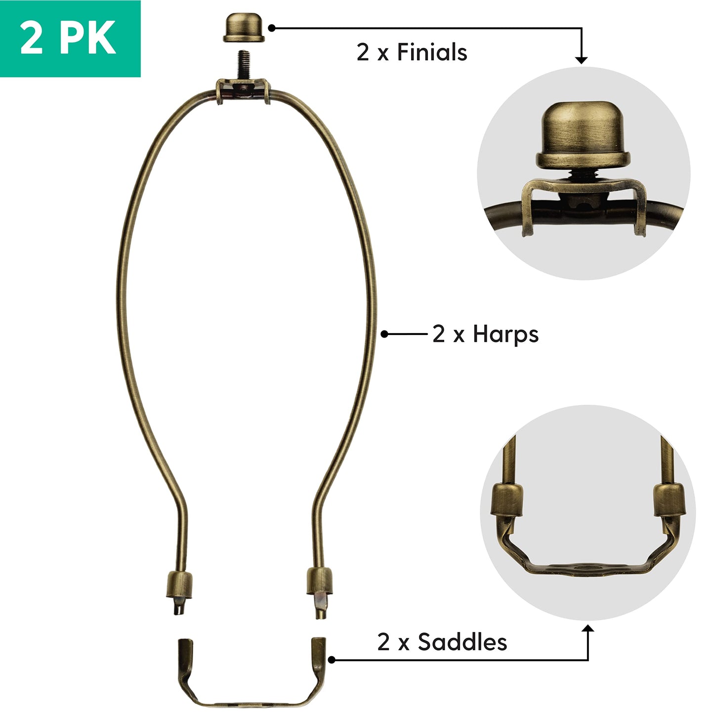 I Like That Lamp Harp Set 2-Pack, Antique Brass 9" with Saddle Holder, Finial & Converter for 10"-11" Table or Floor Lamps