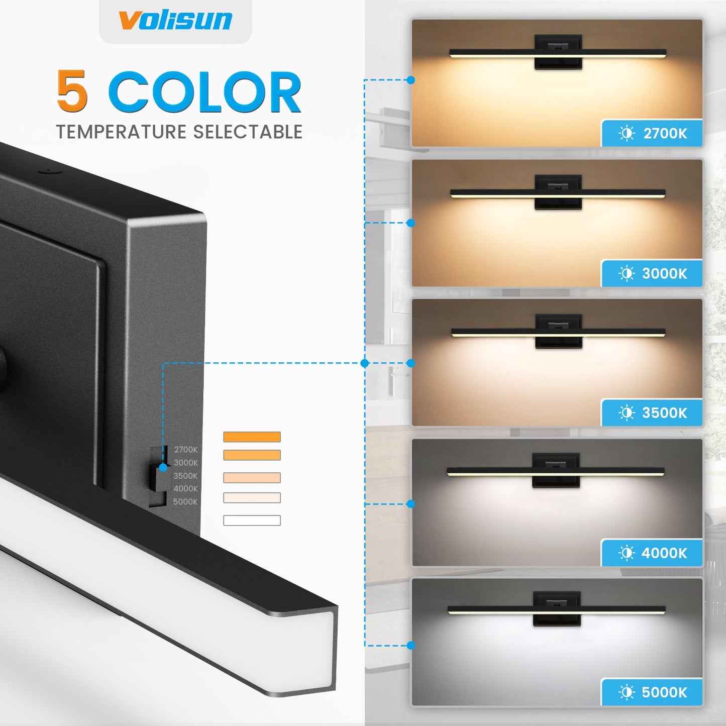 **VOLISUN 24” Modern Bathroom Vanity Light, Rotatable 14W Dimmable 5CCT LED Over Mirror Fixture, Black, ETL Certified**