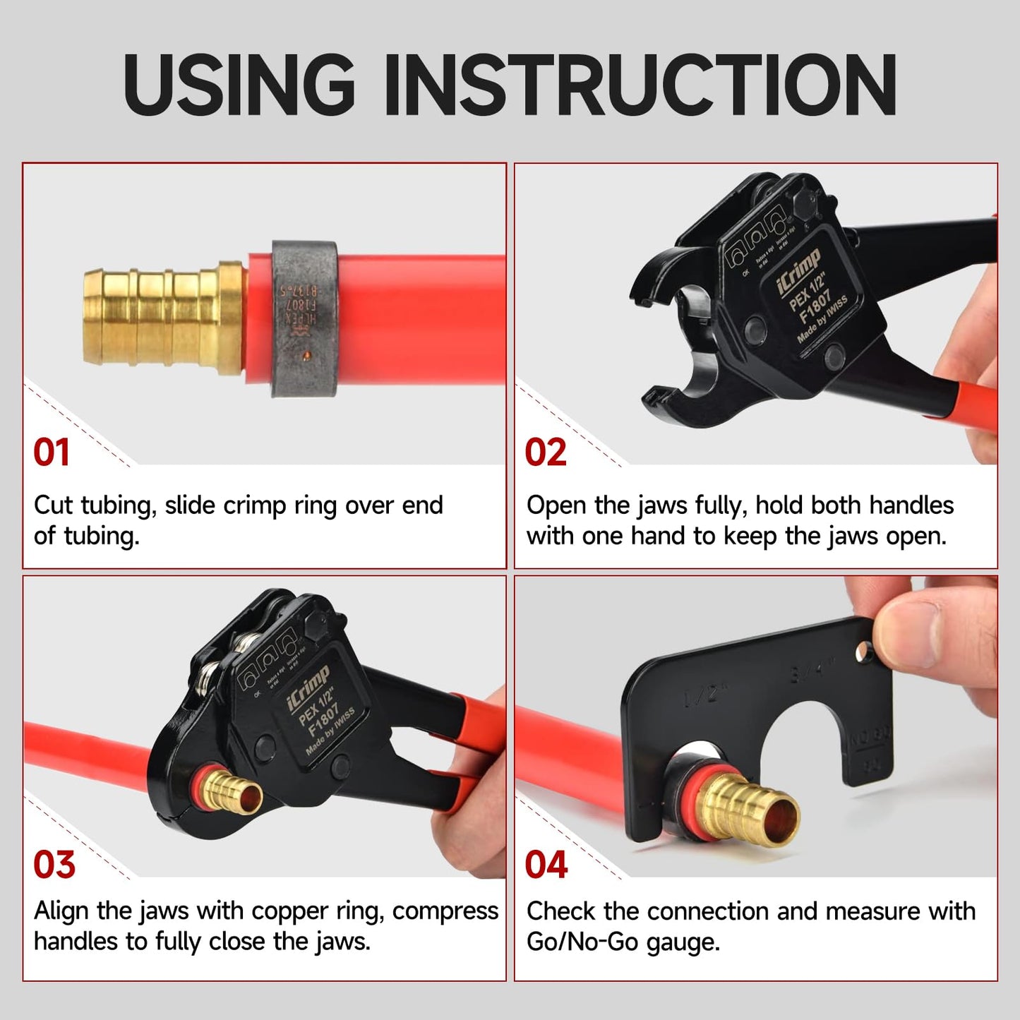 iCrimp Angle Head F1807 PEX Pipe Crimping Tool for Copper Rings - 1/2&3/4-inch Two Crimper Set with Cutter, Suitable for Tight Spaces