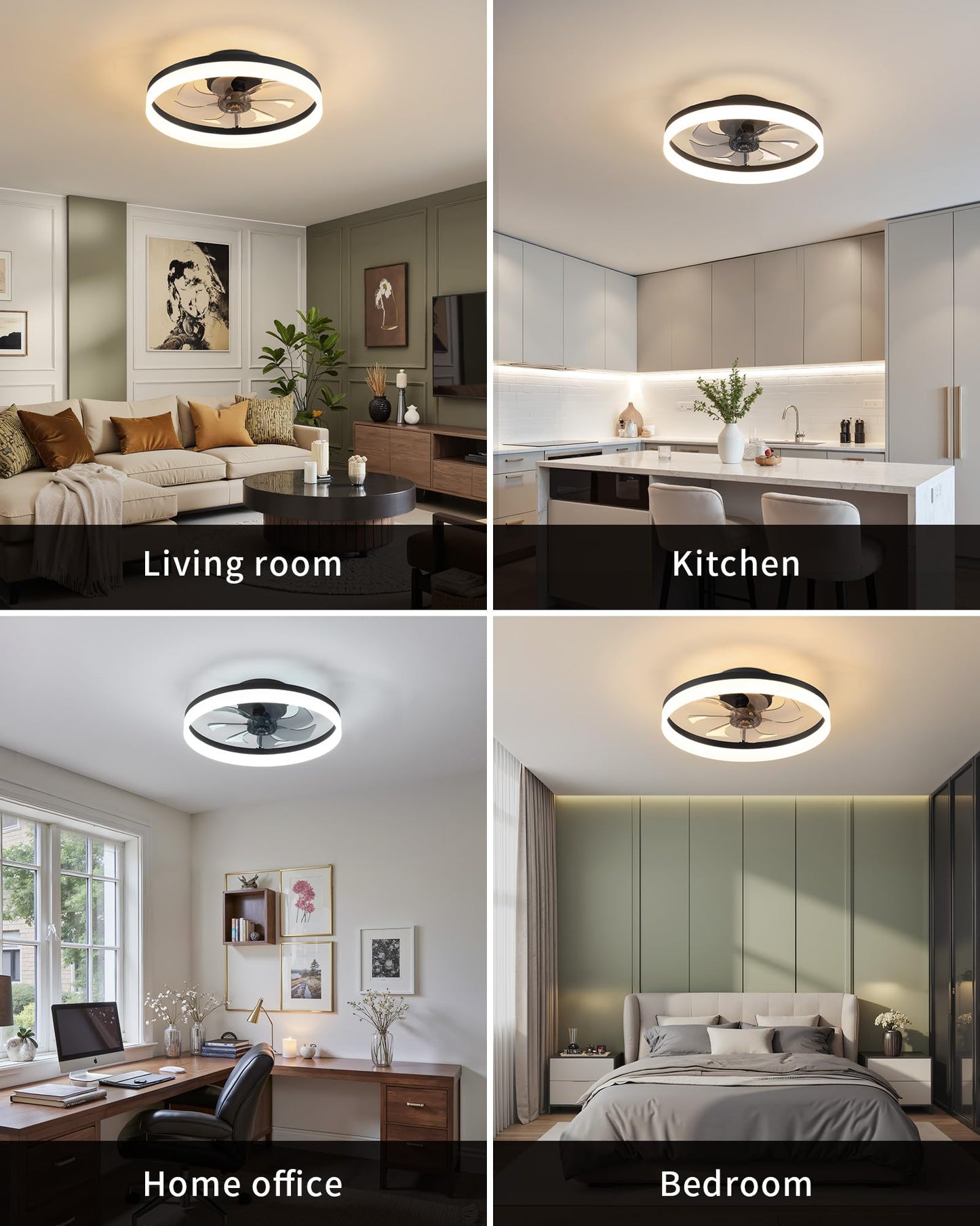 PUSU 15.8" LED Ceiling Fan with Light, Reversible Flush Mount, Remote, 6 Speeds, 3 Dimmable Colors for Bedroom, Kitchen, Garage