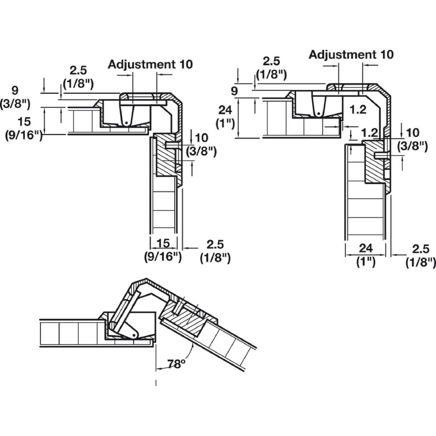 Hafele America 343.90.710 Pie-Cut Corner Cabinet Hinge, 78 Degree Opening Angle