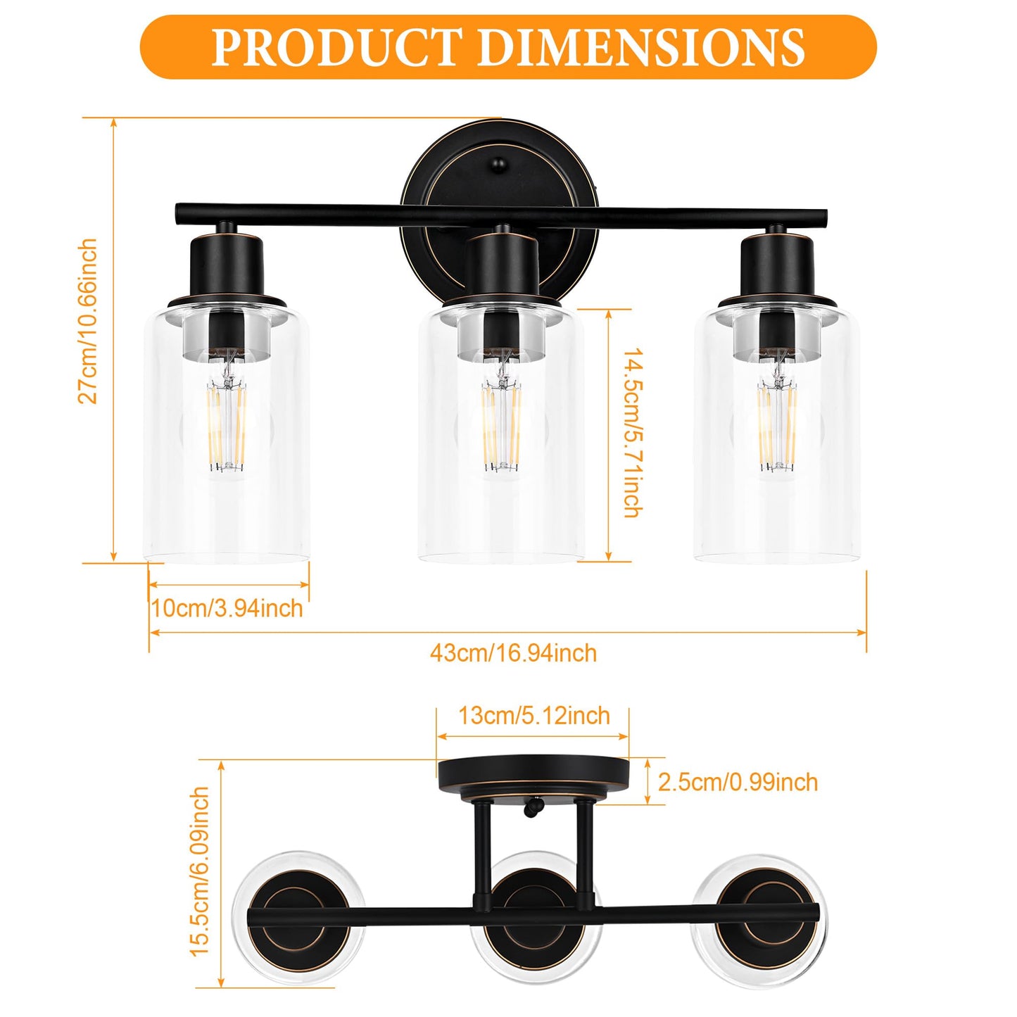Faymart 3-Light Oil Rubbed Bronze Bathroom Vanity Light Fixture, Wall Sconce Over Mirror, Three-Bulb Lighting for Sink