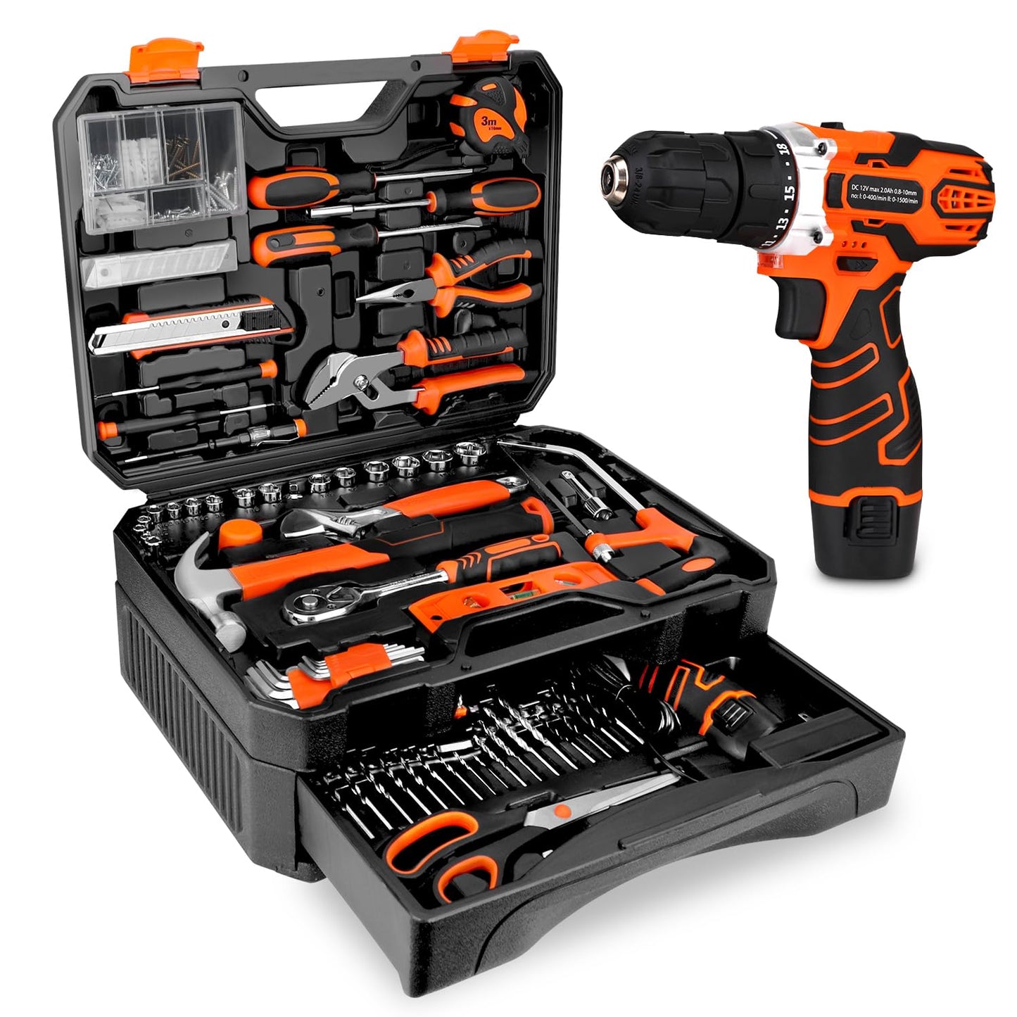 255-Piece Tool Set with 12V Cordless Drill Driver, Complete Household Tool Kit with Drawer Storage Case for DIY & Home Repair