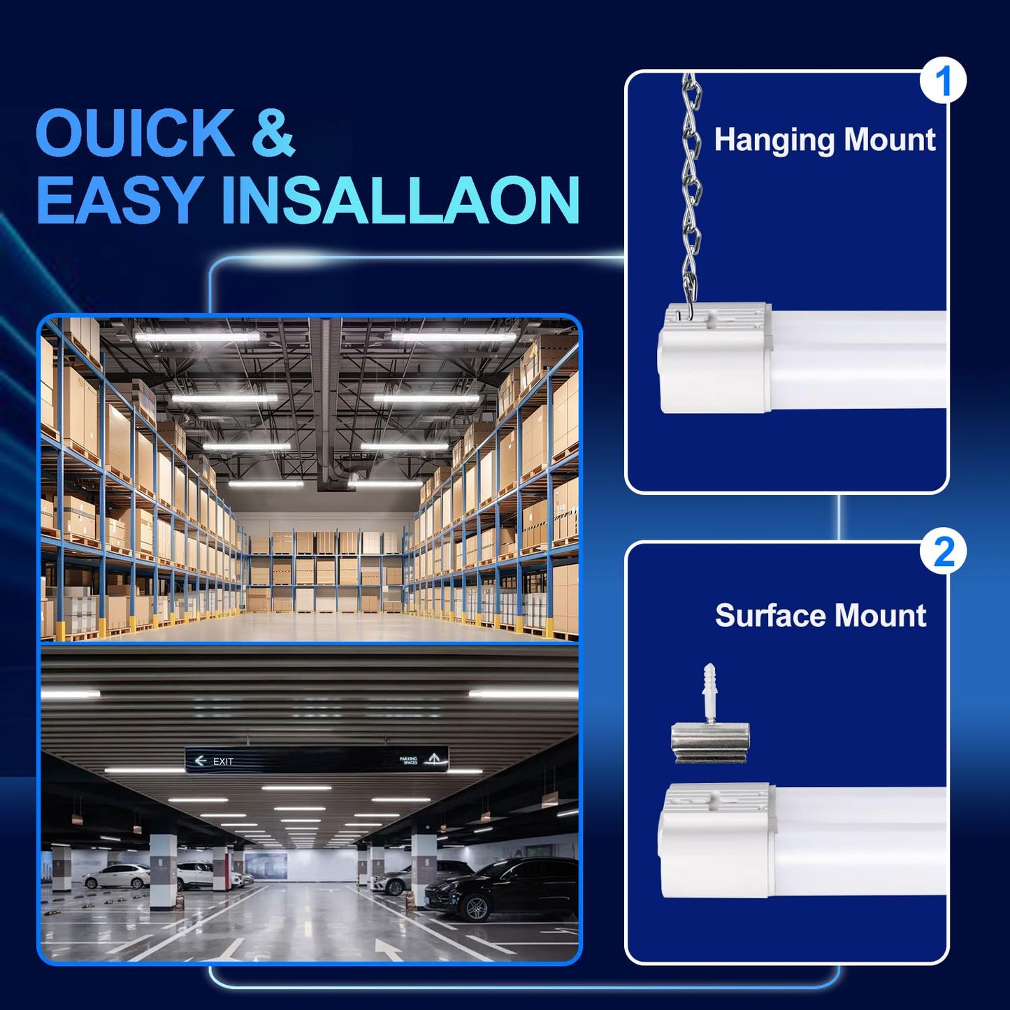 Hykolity 4-Pack 2FT LED Shop Light, 22W 2500lm Daylight, Linkable Garage/Workshop Fixture, Hanging or Flush Mount, White, ETL