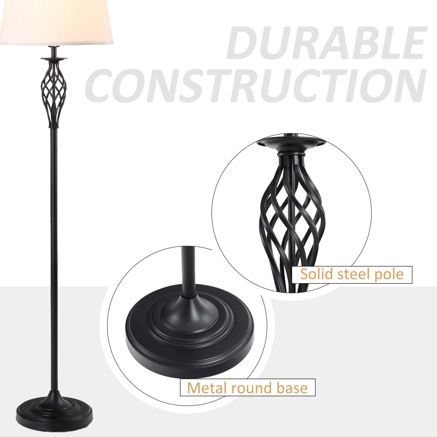 HOMCOM 3 Piece Table Floor Lamp Set with Metal Pole, Round Base, and Fabric Lampshade, for Living Room, Black/White