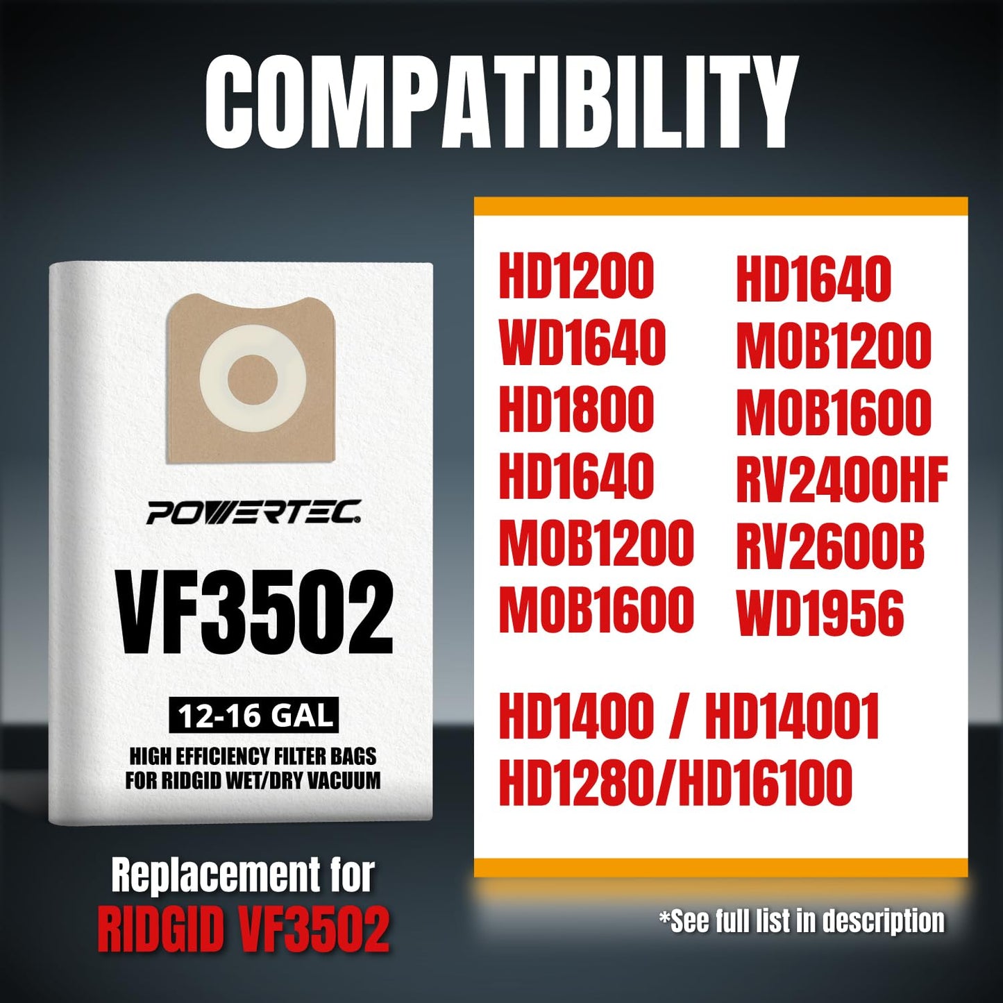 POWERTEC 23743 VF3502 Size A Shop Vacuum Bags for Ridgid 6 Pack, 12-16 Gal. Vacuum Bags for Ridgid HD1200, HD1400 Wet Dry Vac (75002P3)