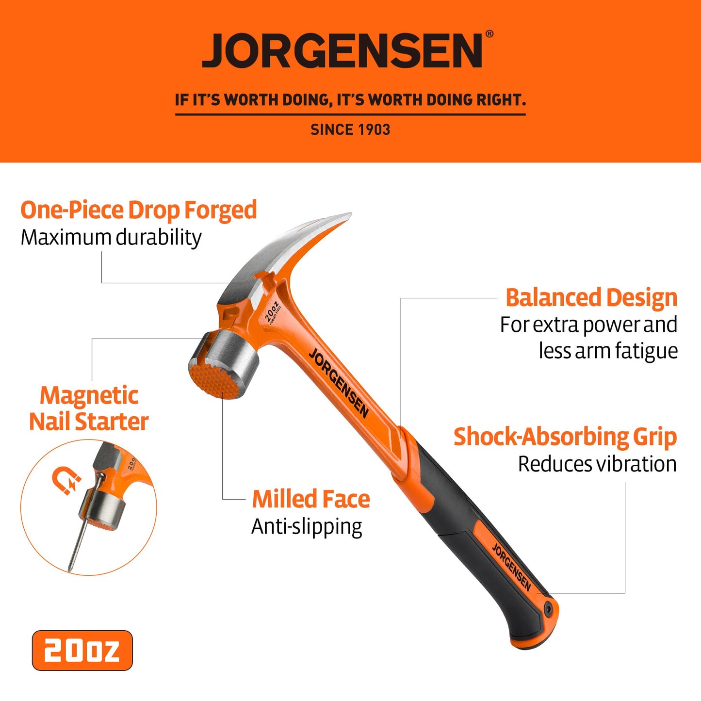 Jorgensen 20oz Straight Claw Hammer with Magnetic Nail Holder, Milled Face, Side Nail Puller & Shock-Absorbing Grip, Heavy Duty