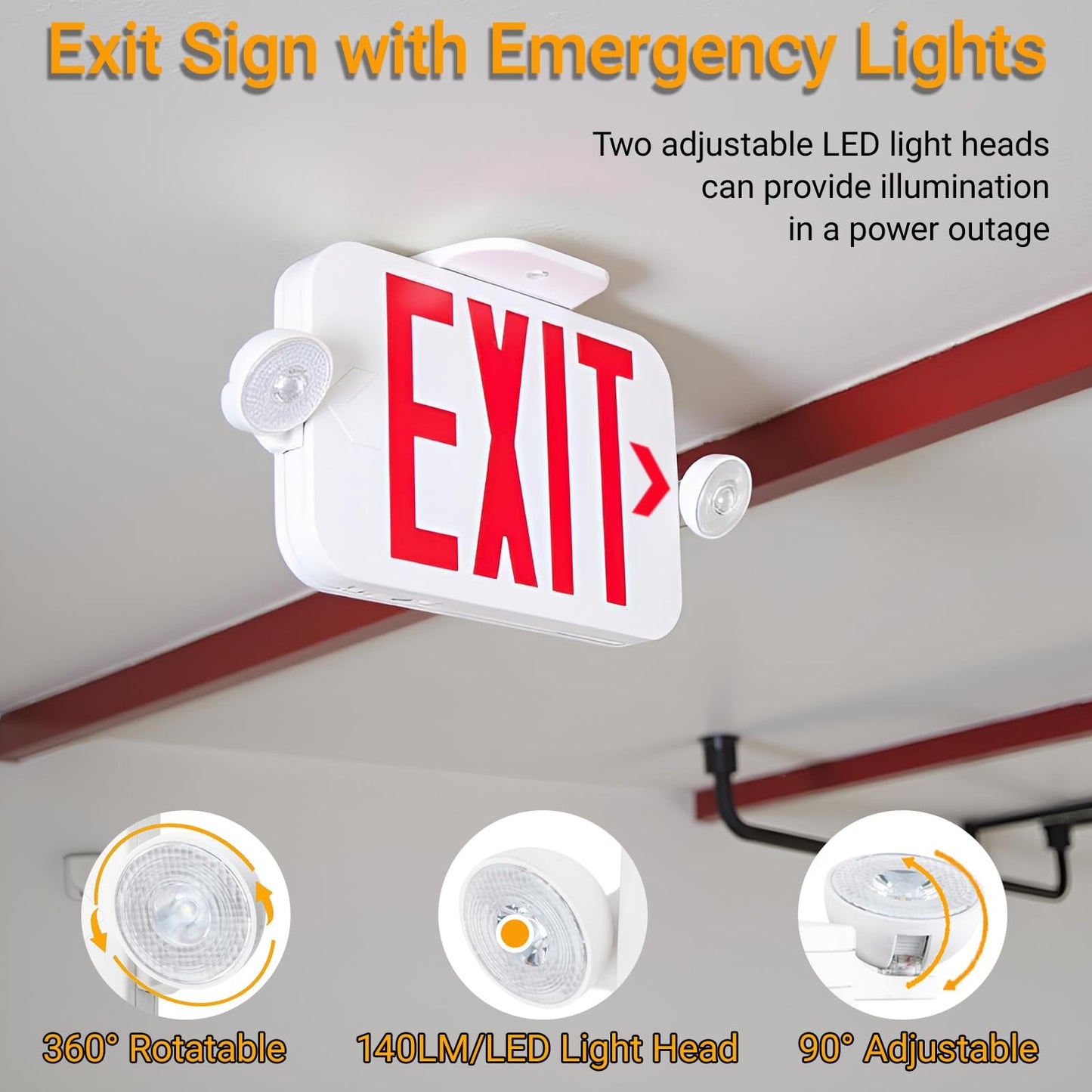 LIT-PaTH LED Exit Sign with 2 Adjustable Heads, Double Face, Backup Battery, UL 924 & CEC, 120-277V Emergency Lighting, 1-Pack
