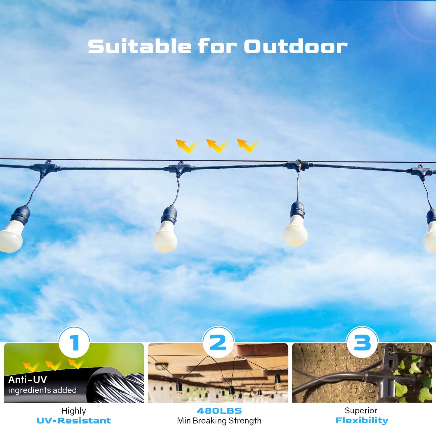 NEREUS 200 Ft String Light Hanging Kit - Vinyl-Coated 304 Stainless Steel Cable with Turnbuckles & Hooks for Patio & Backyard Lighting