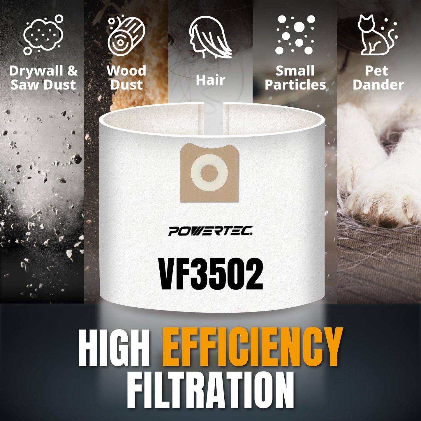 POWERTEC 23743 VF3502 Size A Shop Vacuum Bags for Ridgid 6 Pack, 12-16 Gal. Vacuum Bags for Ridgid HD1200, HD1400 Wet Dry Vac (75002P3)