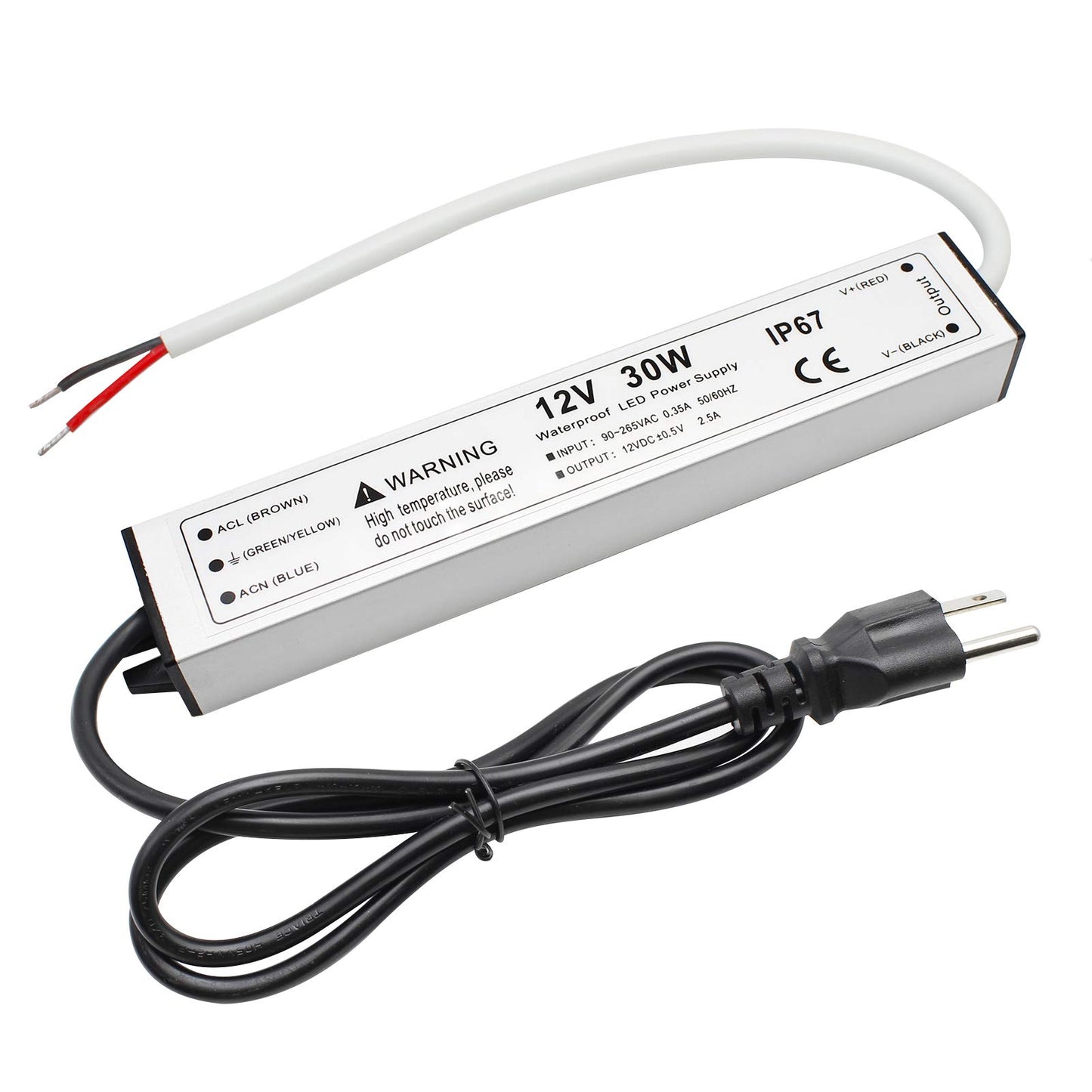 30W 12V LED Power Supply, Waterproof IP67 Driver, 110V AC to 12V DC Converter, 2.5A LED Transformer with 3-Prong Plug & 3.3ft Cable
