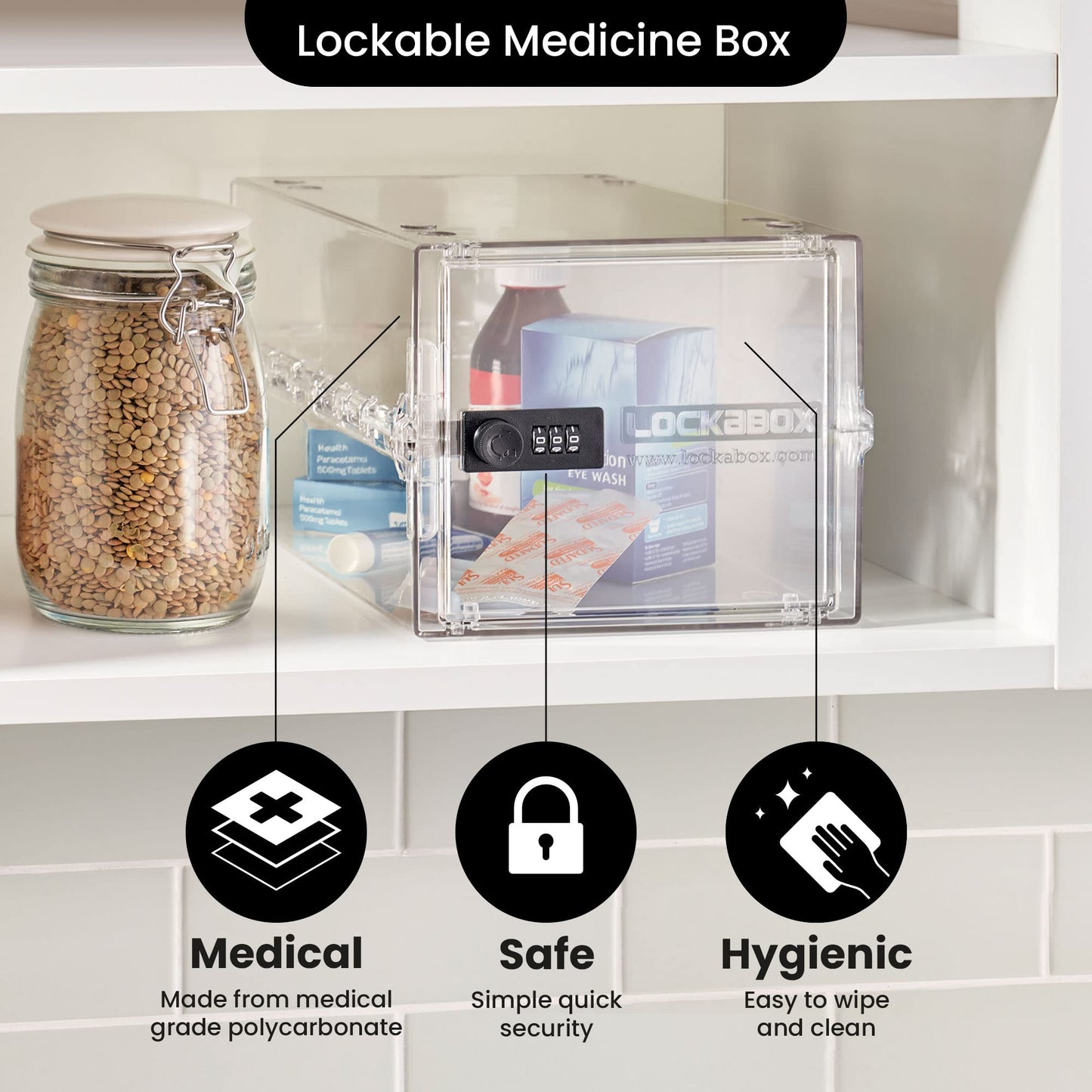 Lockabox One™ | Premium Lock Box | Medium Combination Lock Box For Food, Medicine & Home Safety | External Size 12 x 8 x 6.6 inches (Crystal)