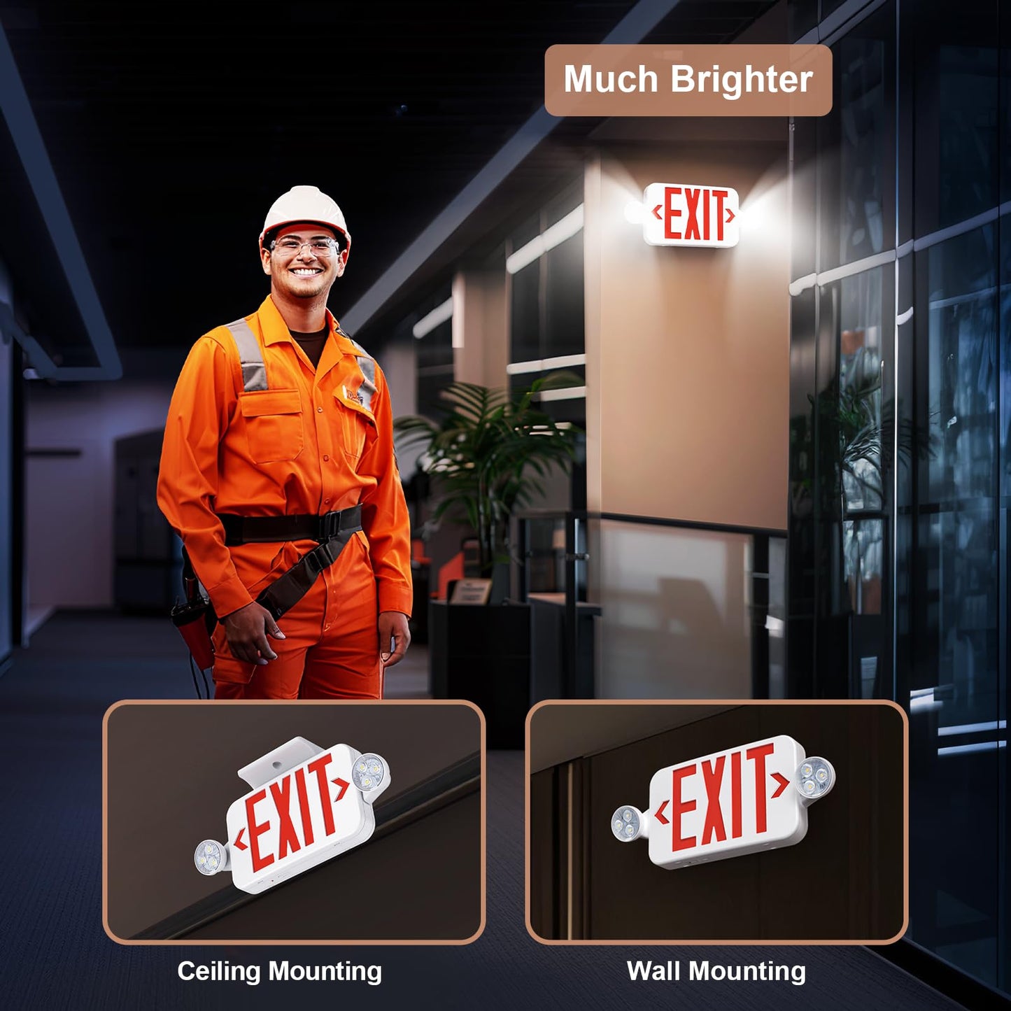 Emergency Exit Sign Light Combo 4-Pack, Double-Sided, 6 LEDs, Battery Backup, Adjustable Heads, Red, UL Listed, Wall/Ceiling Mount