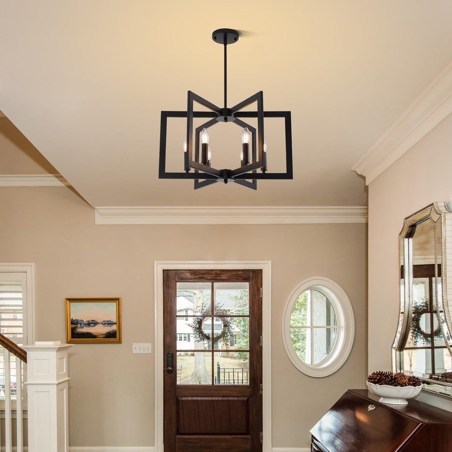 21.6" Black Farmhouse Chandelier, 6-Light Geometric Pendant, Modern Industrial Rustic Lighting for Kitchen, Dining, Living Room