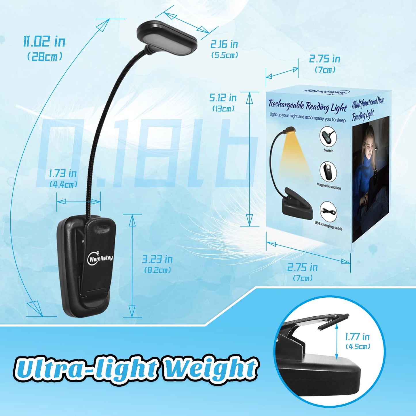 Rechargeable Clip-On Book Light for Reading in Bed, 3 Color Temperatures, Stepless Dimming, 360° Rotatable with Magnetic Base