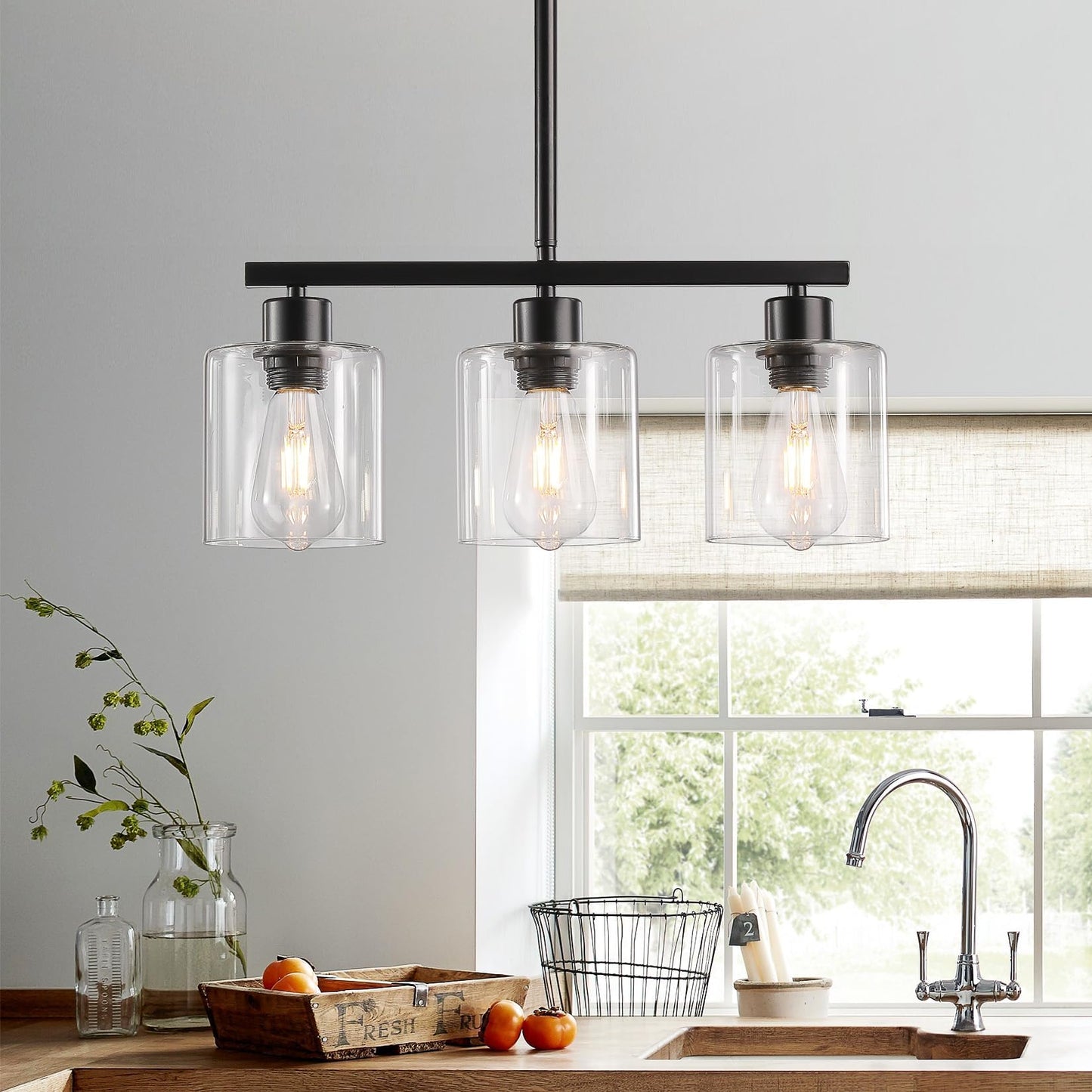 ROCUNSI 3-Light Kitchen Island Pendant Light, Black Farmhouse Hanging Fixture with Clear Glass Shades, E26 Base (Bulbs Not Included)