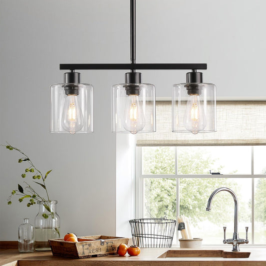 ROCUNSI 3-Light Kitchen Island Pendant Light, Black Farmhouse Hanging Fixture with Clear Glass Shades, E26 Base (Bulbs Not Included)