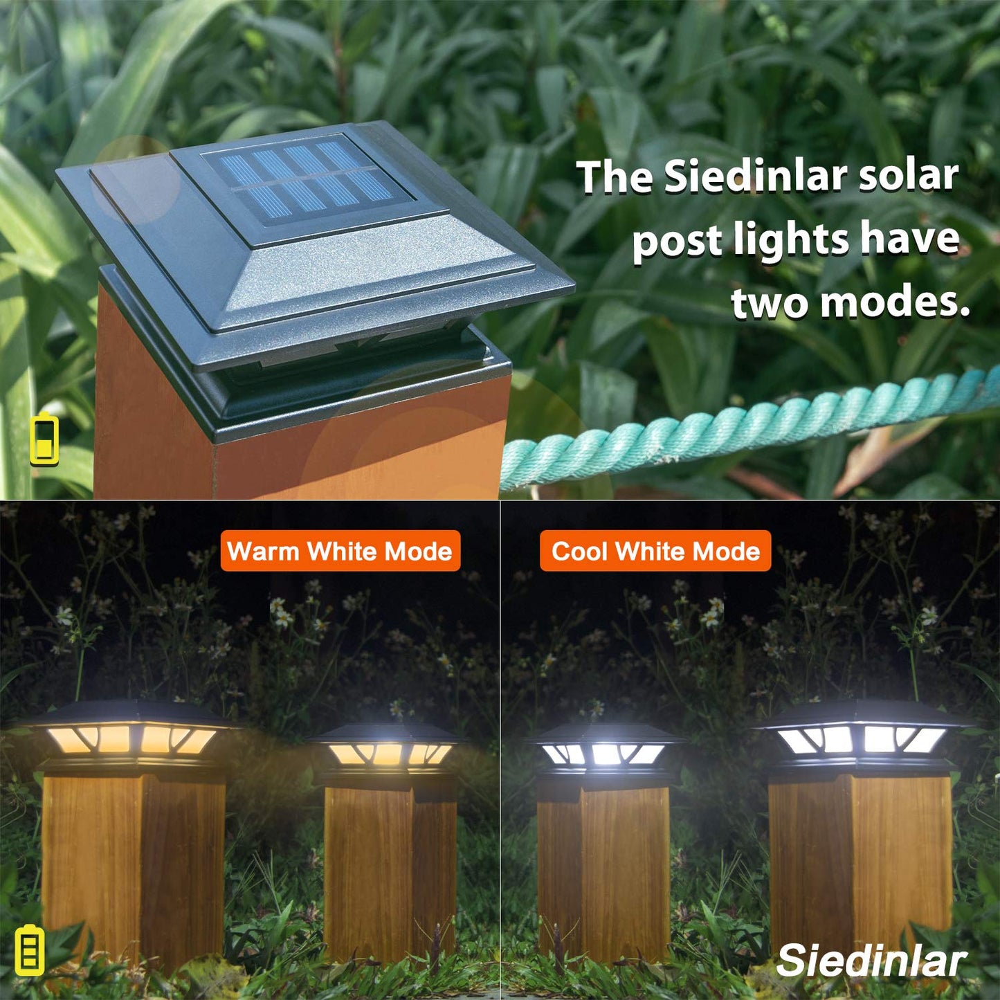 SIEDiNLAR Solar Post Lights 2-Pack for 4x4/5x5/6x6 Posts, LED Deck & Fence Cap Lights, 2 Modes, Warm & Cool White, Outdoor Patio Garden