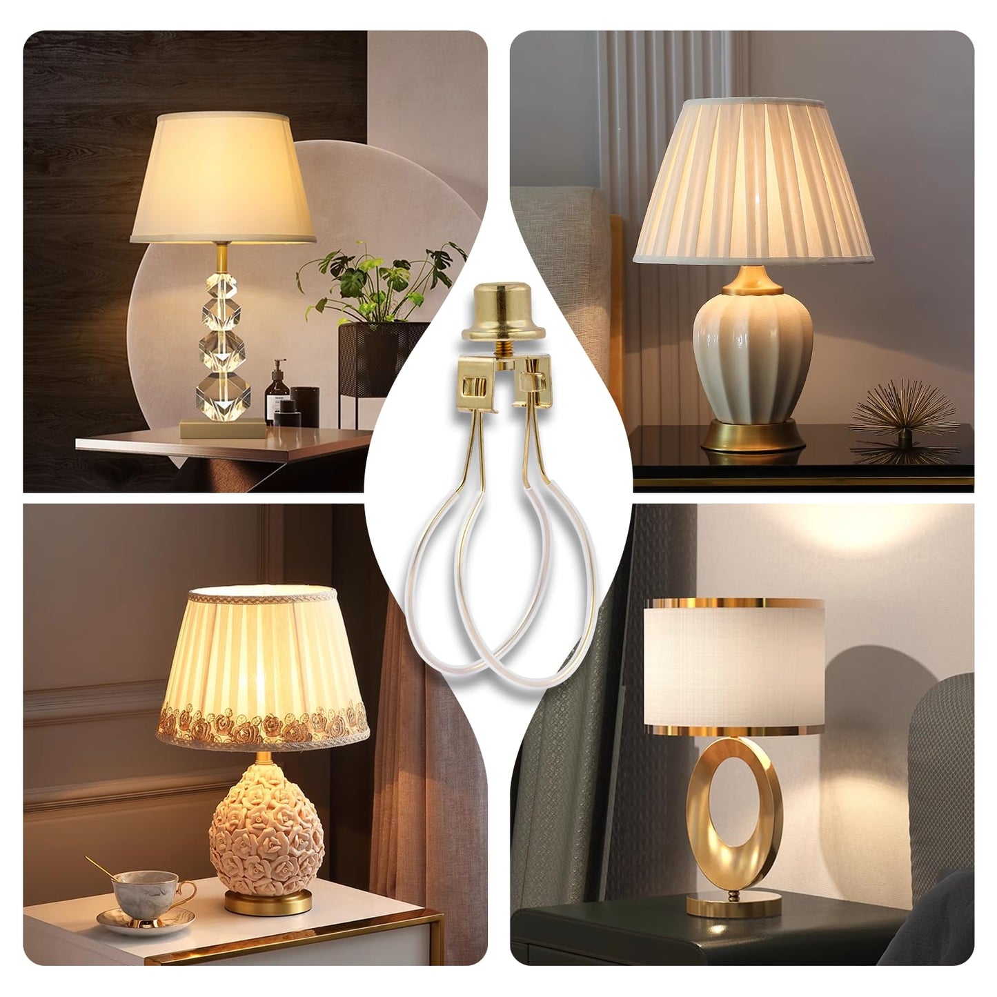 Lamp Shade Holder Clip Adapter for Light Bulb, Clip-On Lampshade Adapter with Finial & Levellers, Spring Clip, Gold