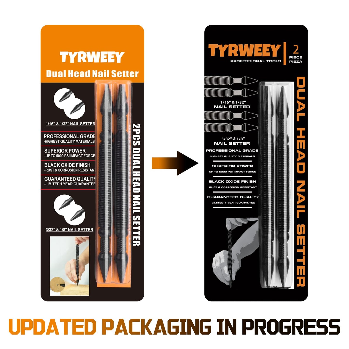 TYRWEEY 2-Piece Dual Head Nail Setter, Spring-Loaded Center Punch Tool for Metal & Wood, Sizes 1/32", 1/16", 3/32", 1/8"