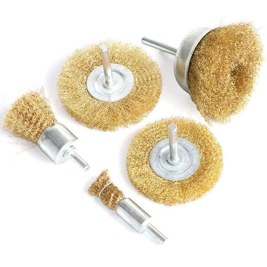 FPPO 5-Piece Brass Wire Wheel Brush Kit for Drill, 1/4" Shank, 0.13mm Crimped Cup Brushes for Cleaning & Deburring, Scratch-Resistant
