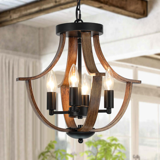 LAMPKEDUO Farmhouse Pendant Light, 4-Light Rustic Flush Mount Ceiling Fixture, Faux Wood Vintage Chandelier for Dining Room Kitchen