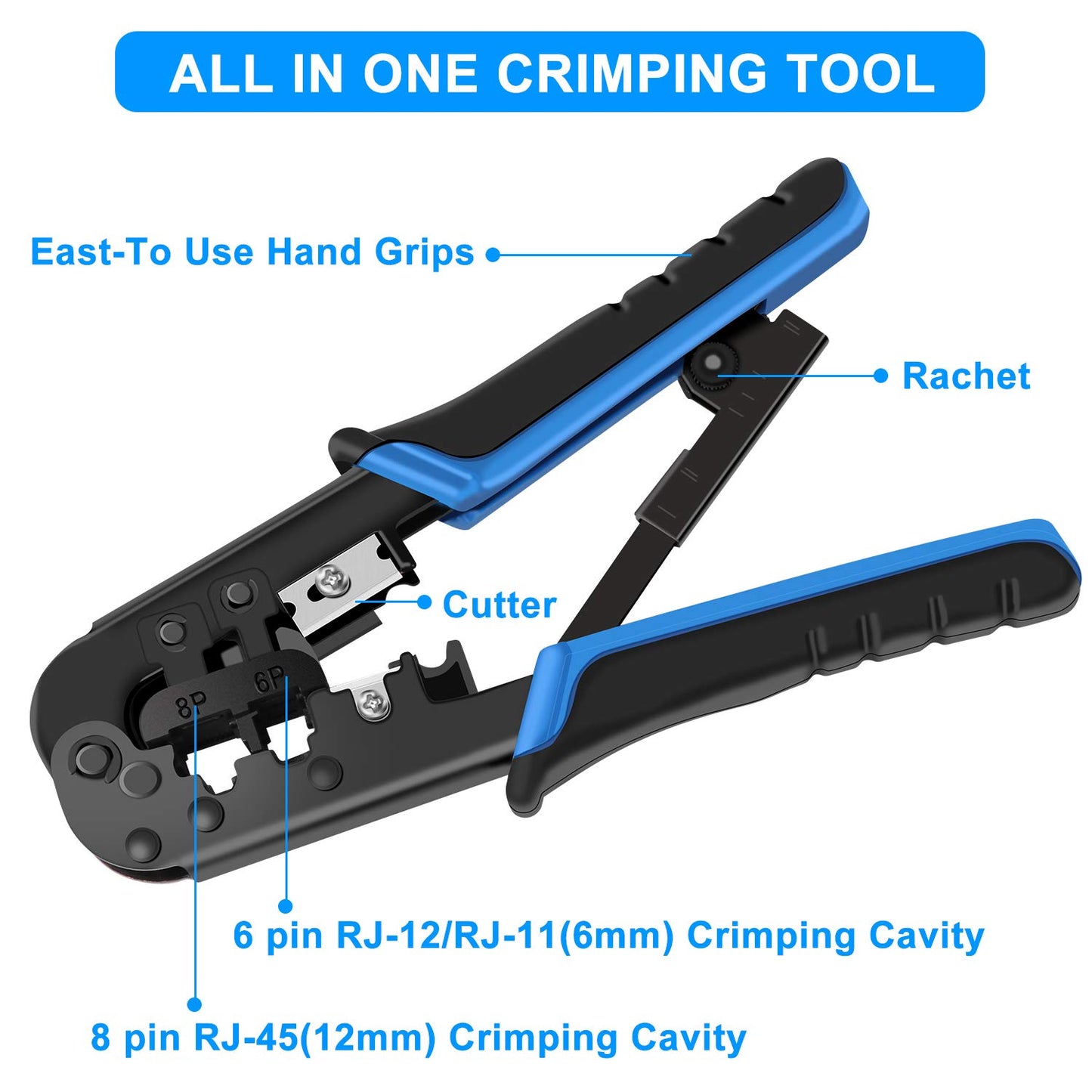 RJ45 Crimping Tool Kit with 20 CAT5/CAT5e Connectors, Covers, Network Cable Tester, Wire Stripper – Crimp RJ11, RJ12, RJ45