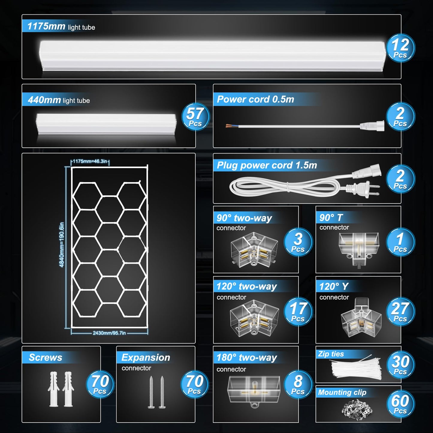 FERUERW 672W Hexagon Garage Light, 86400LM 6500K, 14 Hex Panels, Rectangle Frame, High Brightness, Clip Mount for Garage/Shop/Basement