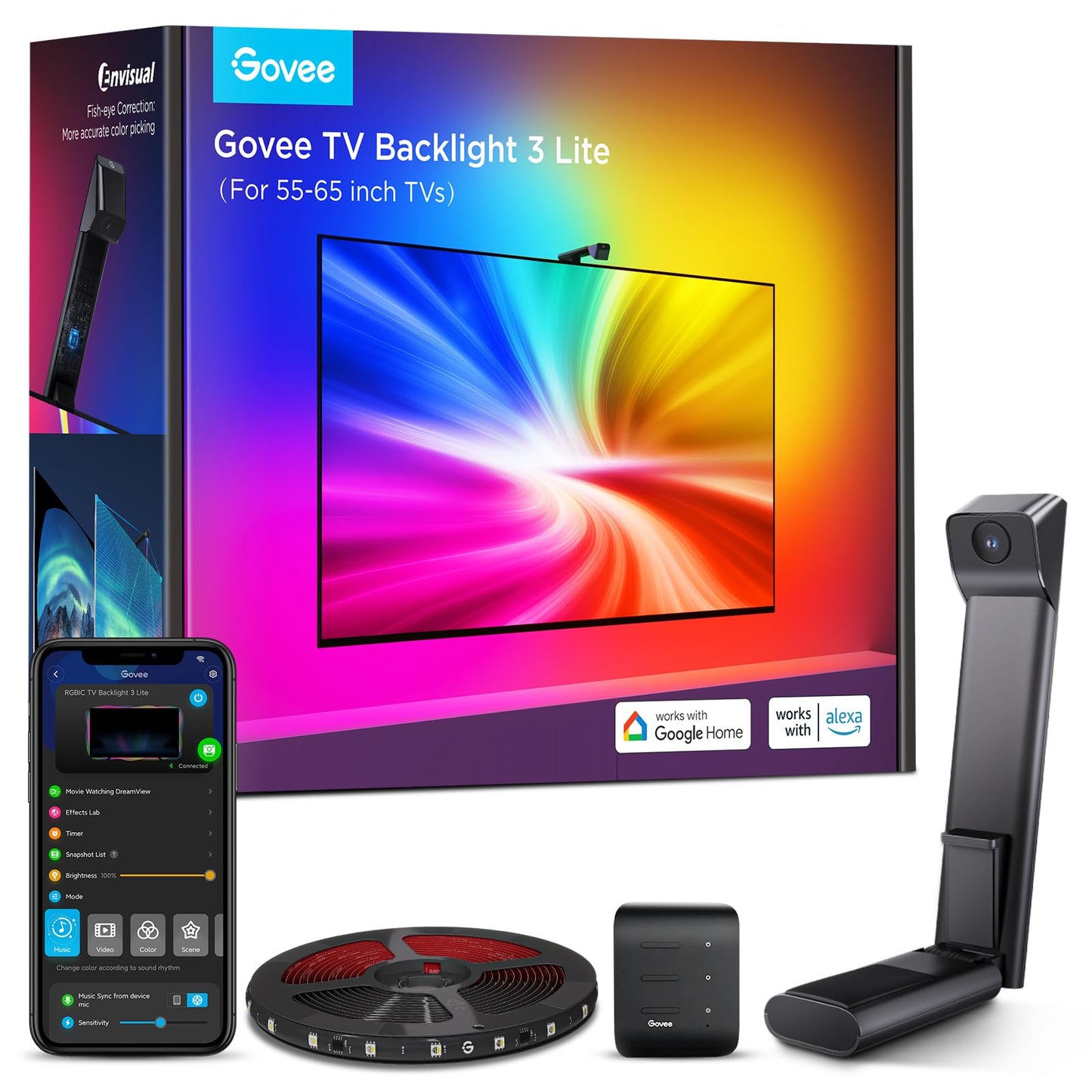 Govee TV Backlight 3 Lite for 55-65" TVs, 11.8ft RGBICW LED Strip with Camera, Fish-Eye Correction, 4-in-1 Color, App & Voice Control
