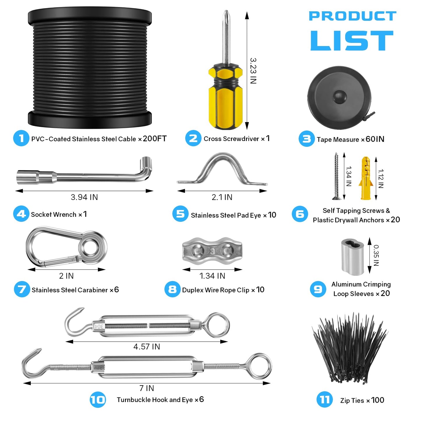 NEREUS 200 Ft String Light Hanging Kit - Vinyl-Coated 304 Stainless Steel Cable with Turnbuckles & Hooks for Patio & Backyard Lighting