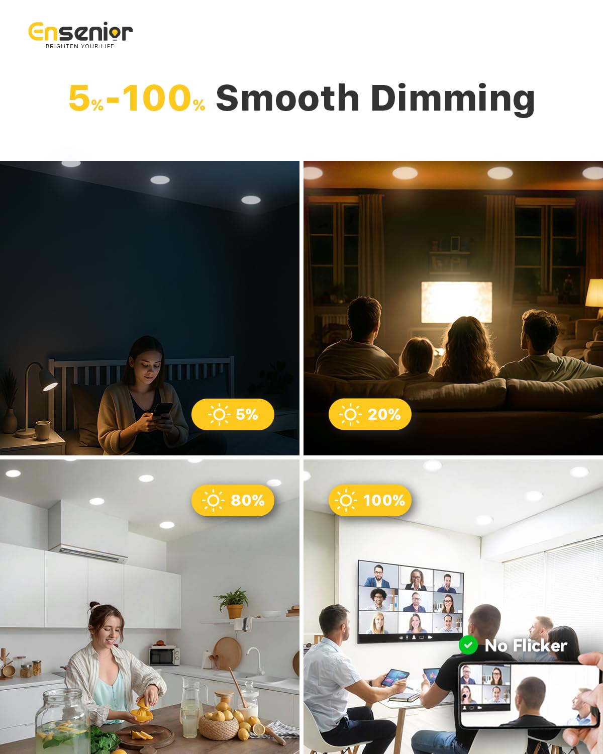 Ensenior 4-Pack 6" LED Recessed Lights, Dimmable 2700K-5000K 5CCT, 1200LM, 12W Ultra-Thin Canless Ceiling Light, Damp Rated