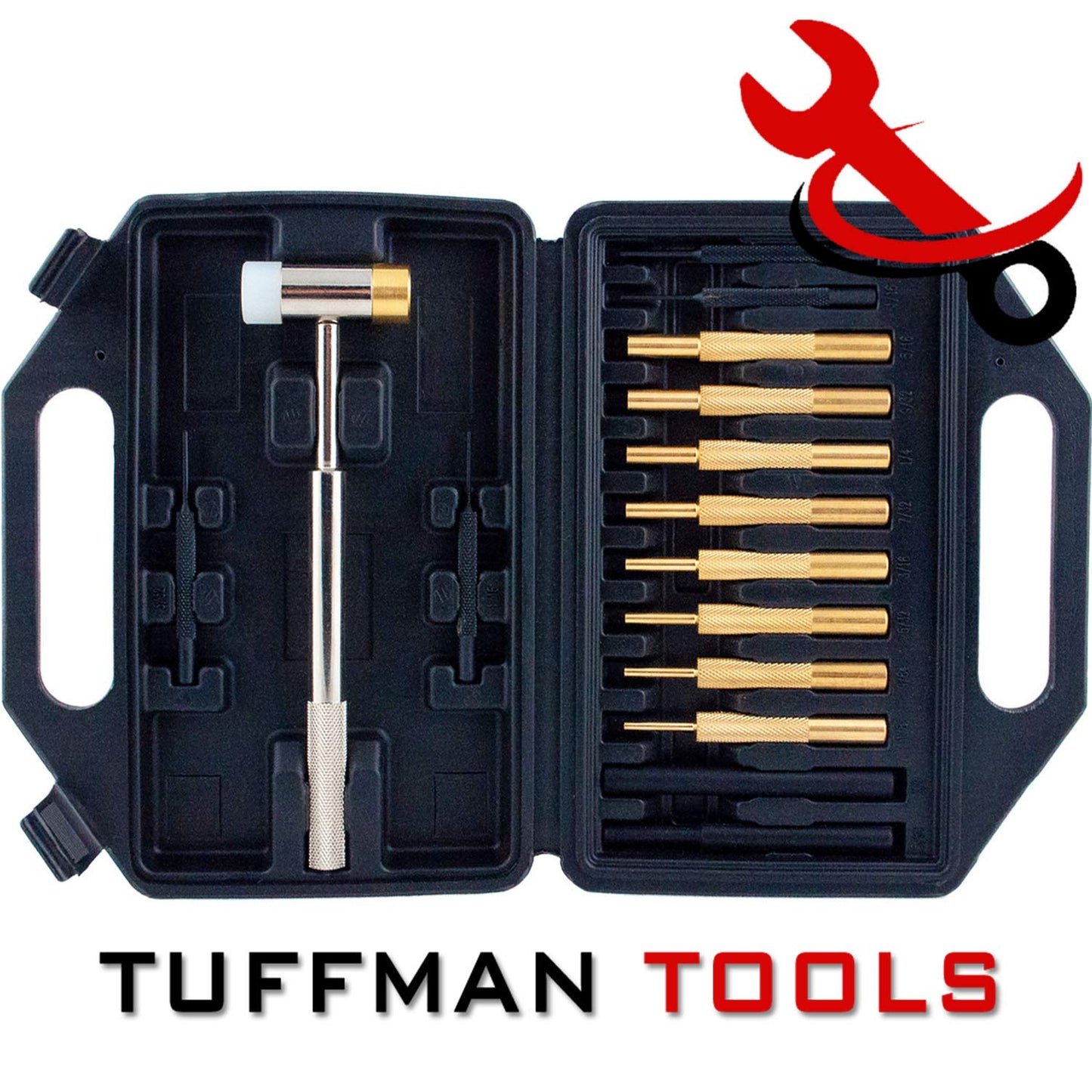 Tuffman Tools 15-Piece Brass Punch Set with Hammer – Steel, Plastic & Brass Punches, Storage Case, Ideal Gunsmithing Roll Pin Set