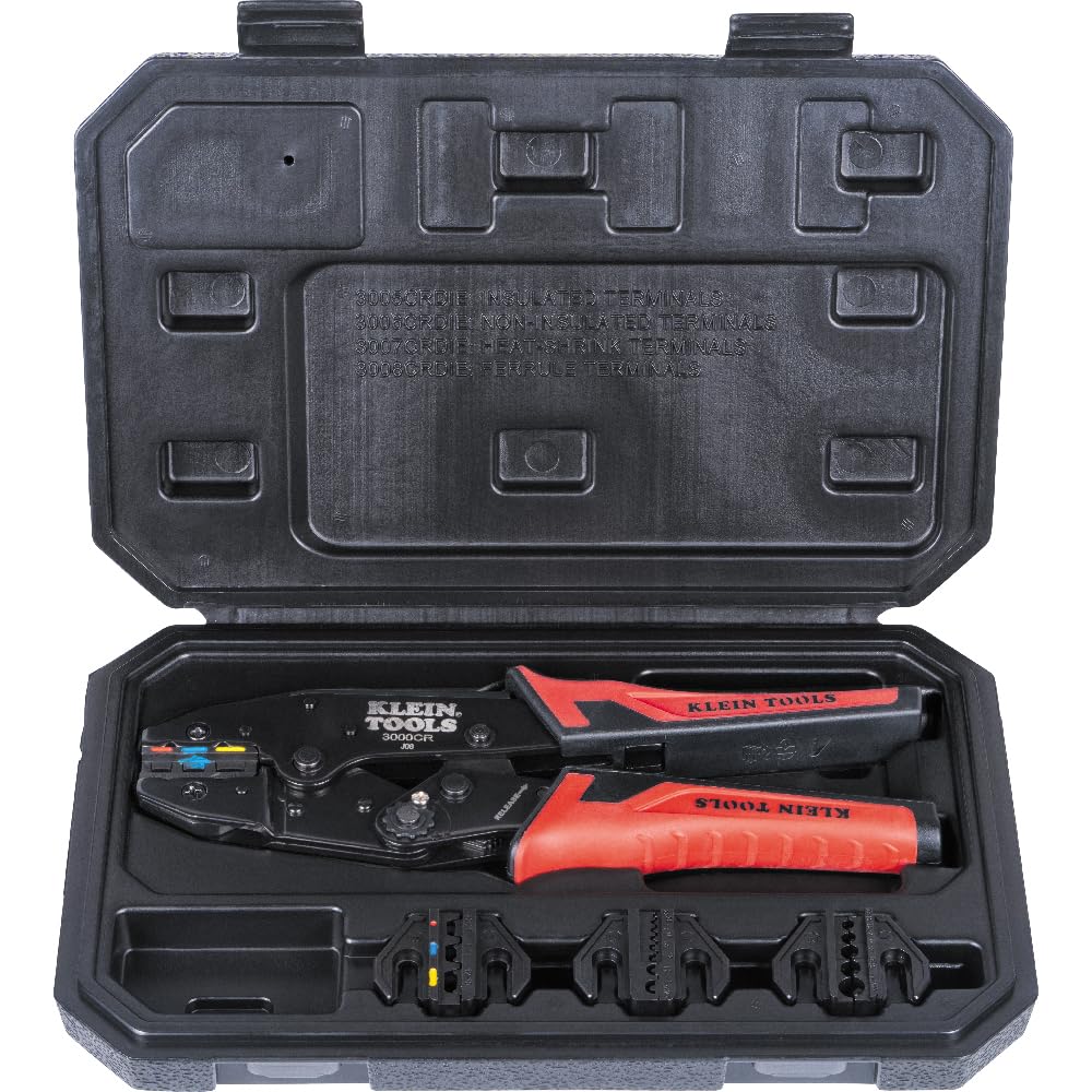 Klein Tools 3000CRKIT Ratchet Crimping Tool Set, (4) Interchangeable Dies for Heat Shrink, Non-Insulated, Insulated and Ferrule Terminal Connectors
