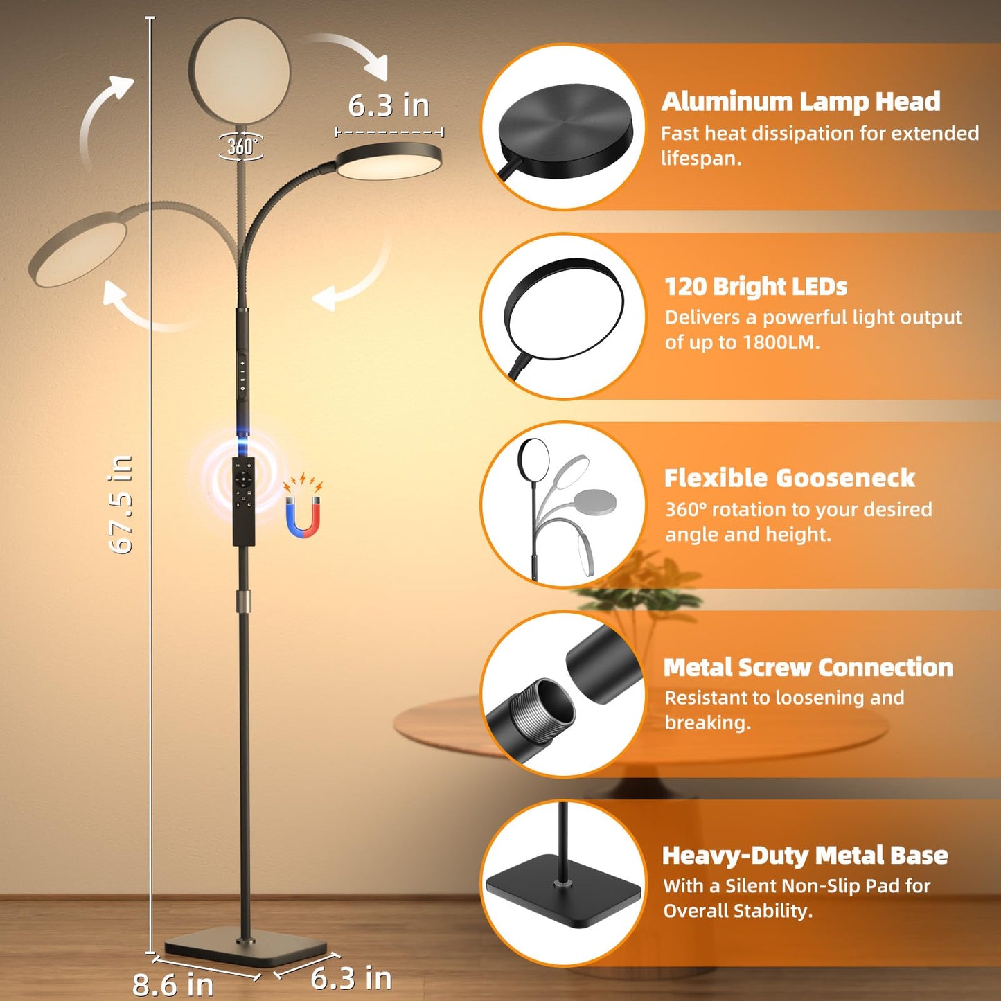 PACOVY Adjustable Floor Lamp with 120 LED, Remote & Touch Dimmable, Gooseneck Reading Lamp for Living Room, Bedroom, Office, Black
