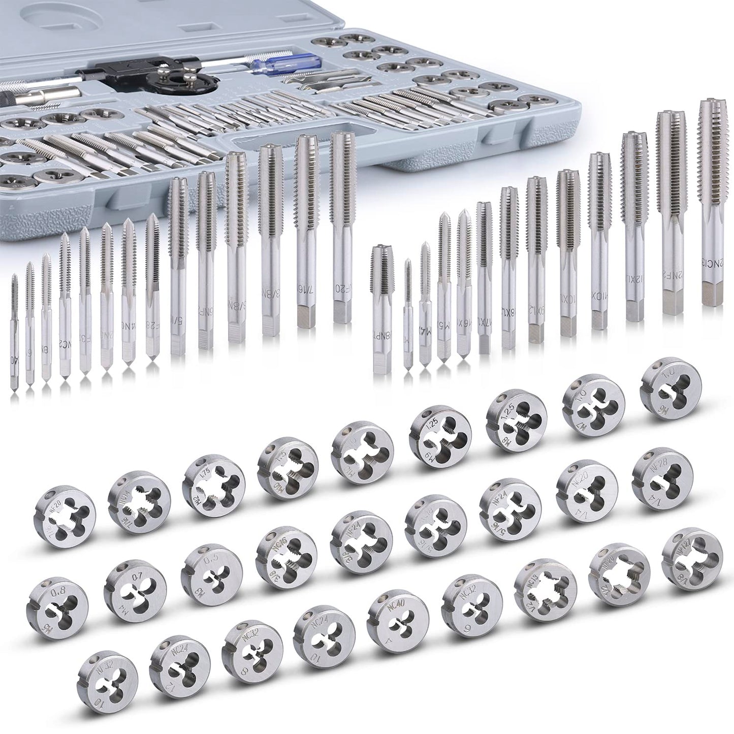 60-Pc Master Tap & Die Set, SAE #4-1/2" & Metric M3-M12, Coarse & Fine Threads, Complete Threading Kit with Accessories & Case