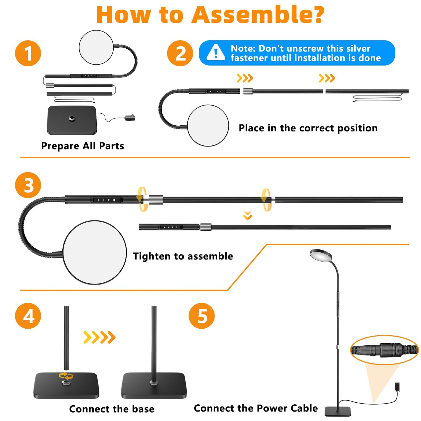 PACOVY Adjustable Floor Lamp with 120 LED, Remote & Touch Dimmable, Gooseneck Reading Lamp for Living Room, Bedroom, Office, Black