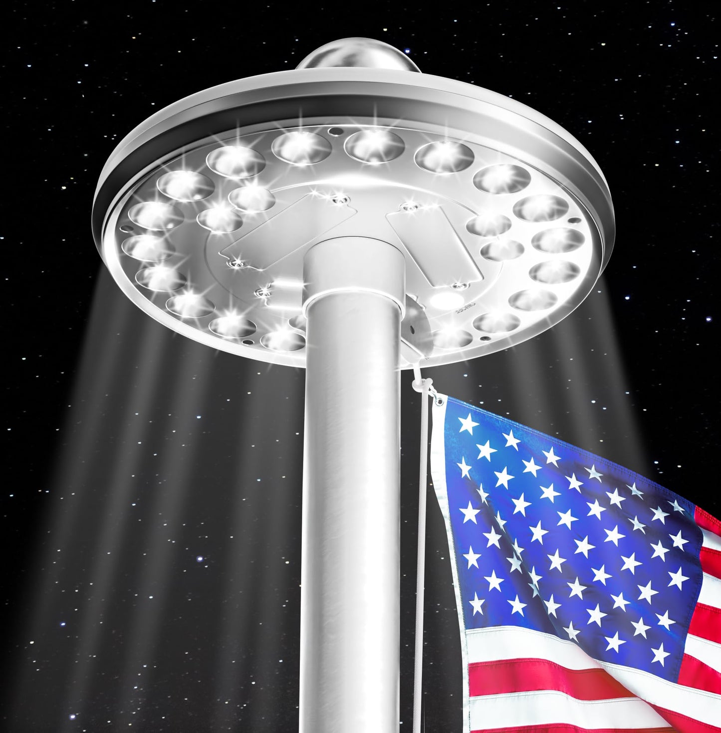 Deluxe Solar Flag Pole Light, 1300 Lumen, Dusk-to-Dawn Outdoor Illumination, 12+ Hours, Full Coverage for 12+ ft Flagpoles, Silver