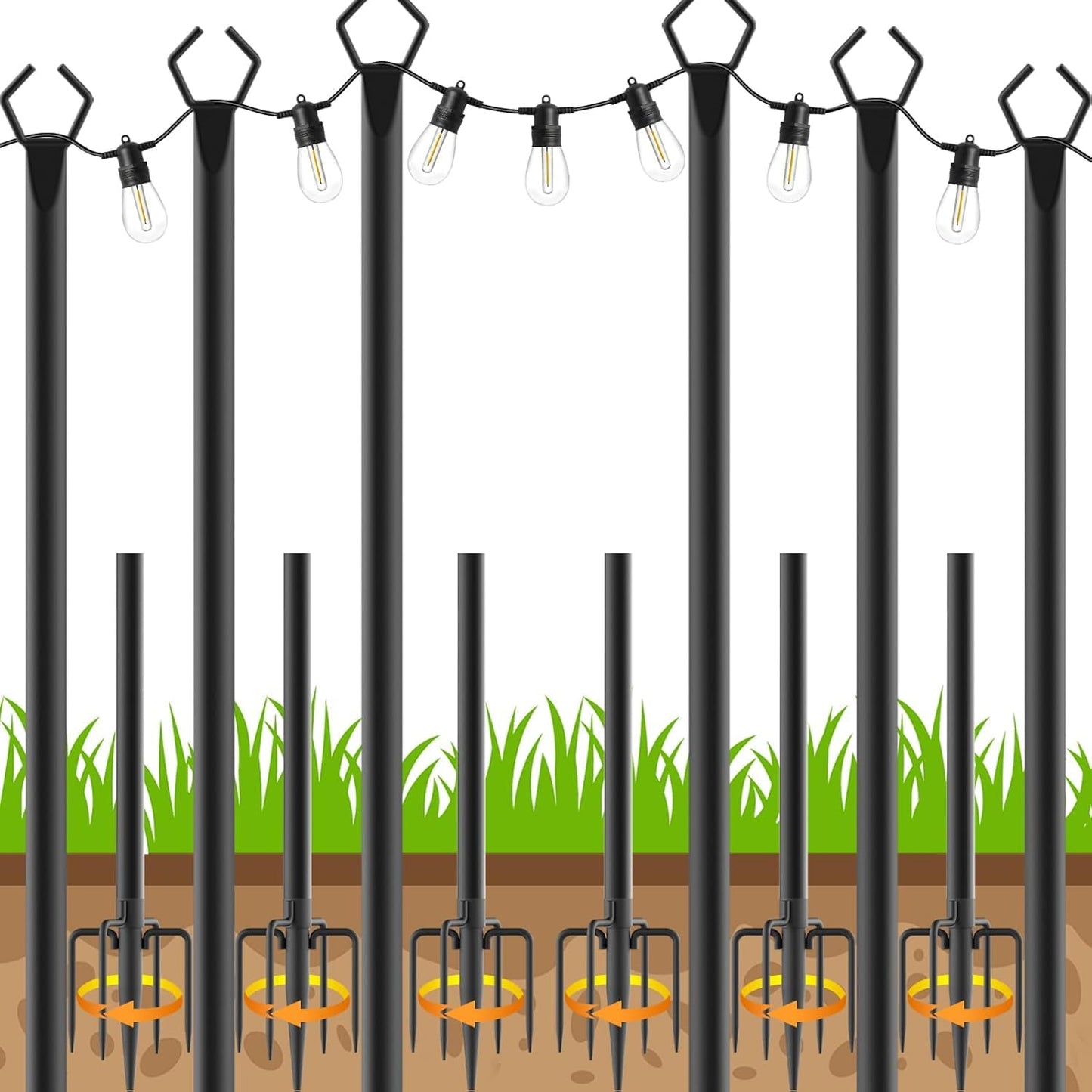 6-Pack 10 ft Outdoor String Light Poles – Forked Metal Stands with Hooks, Adjustable, Rustproof & Sturdy for Garden, Deck, Backyard, Wedding