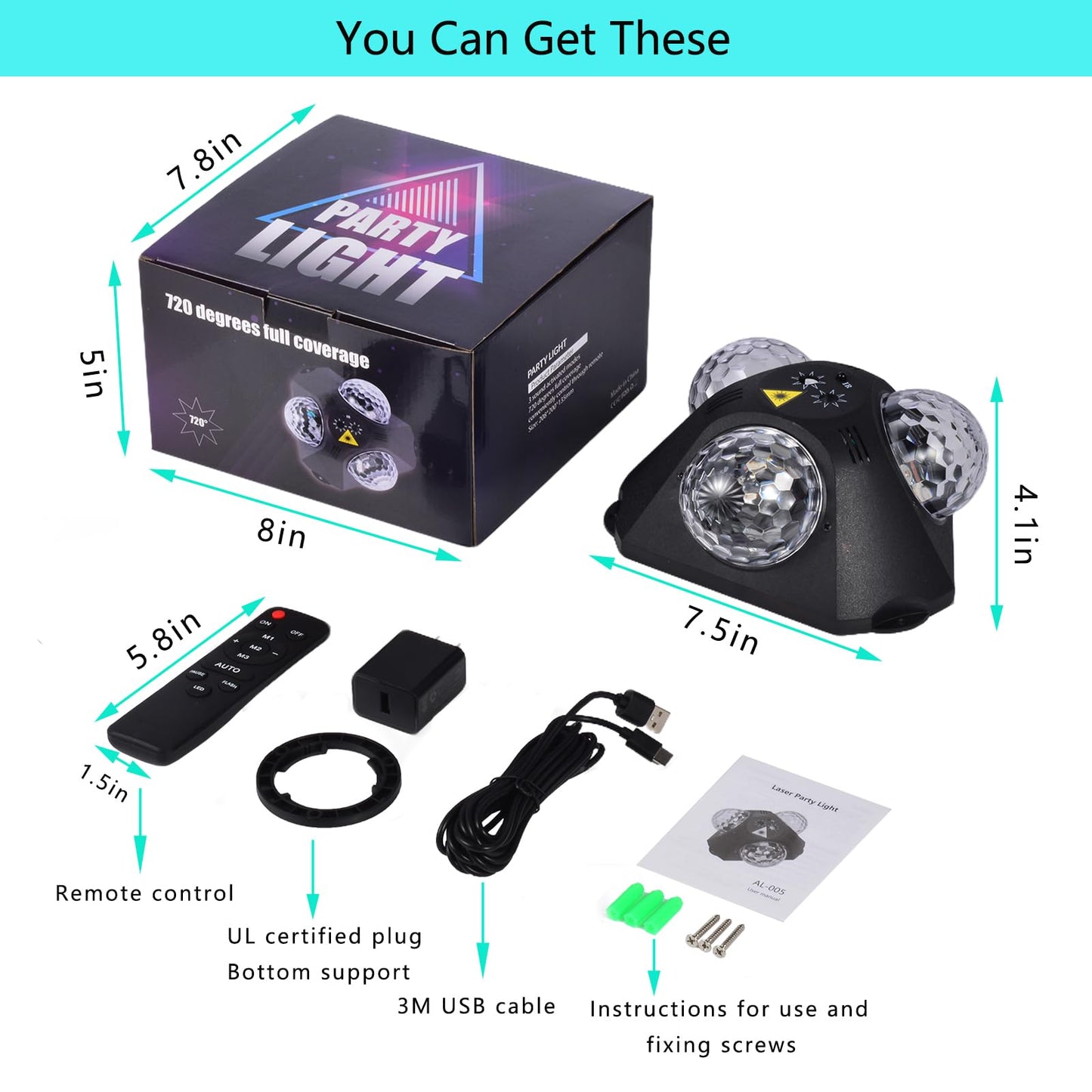 Yinpkteo 4-in-1 Disco Ball Party Lights, 3 RGB + Red & Green Pattern Strobe Lamp for Home, Birthday, Halloween, Christmas & Dance Parties