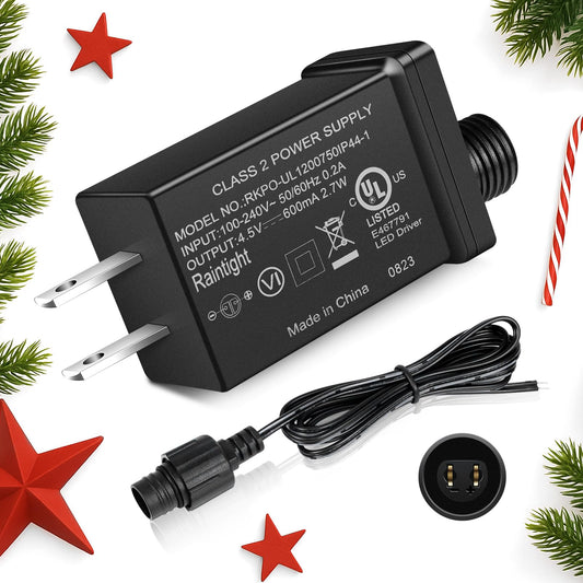4.5V 0.6A 2.7W Waterproof LED Power Supply, IP44 Low Voltage Transformer & Controller, US Plug for Yard Inflatable, Christmas Lights
