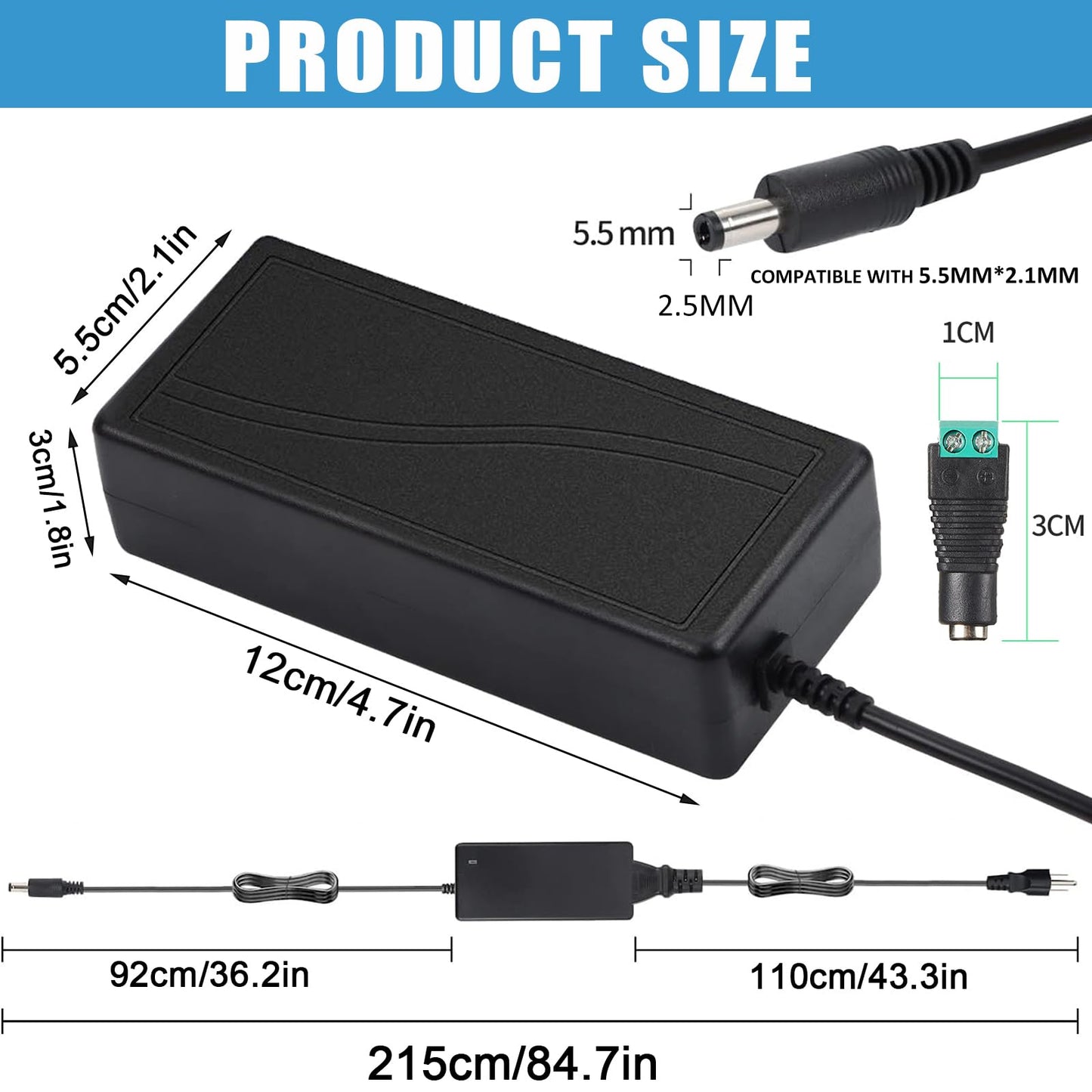 24V 6A DC Power Supply Adapter, 100-240V AC to DC, 5.5x2.1mm Jack, US Plug, for LED Strips, Printers, and Electronics