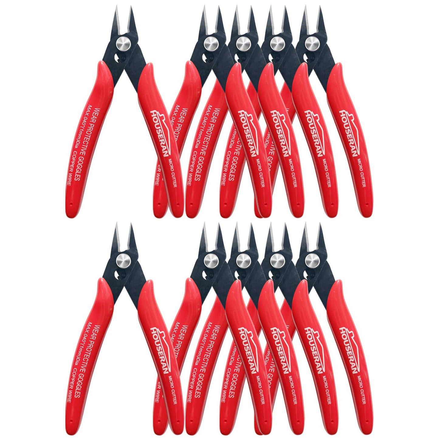 HOUSERAN 10-Pack 5" Micro Flush Wire Cutters, Spring-Loaded Side & Diagonal Pliers for Jewelry, Models, Zip Ties, Plastic Wire
