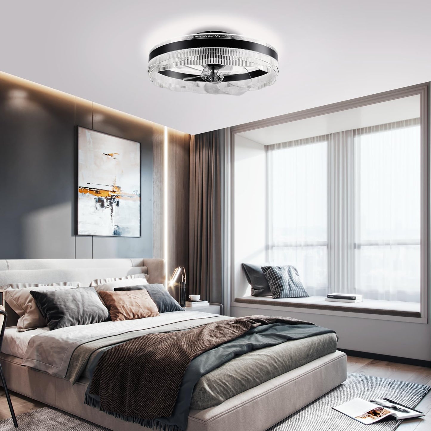 Kejector 20" Low Profile Ceiling Fan with Light, Bladeless Flush Mount LED Fandelier, Remote & App Control, 360° Oscillation