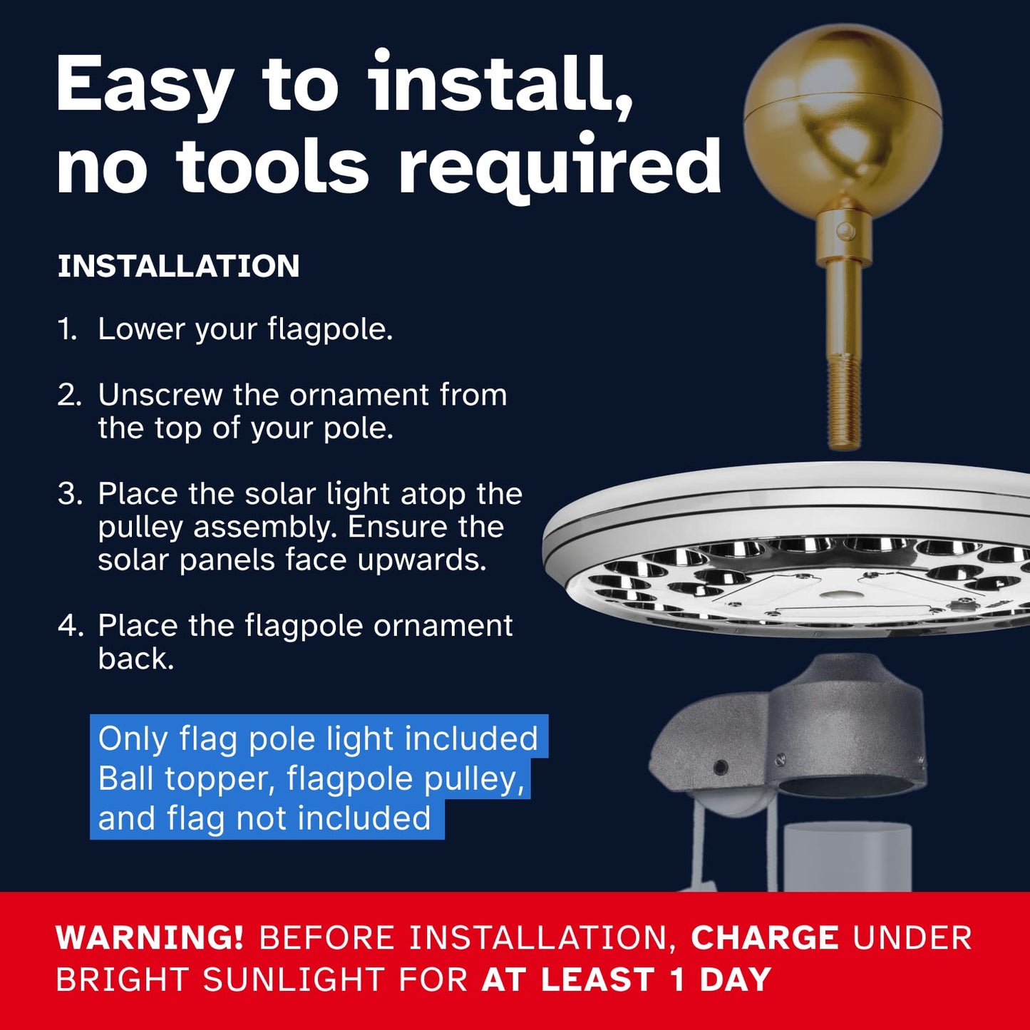 Deluxe Solar Flag Pole Light, 1300 Lumen, Dusk-to-Dawn Outdoor Illumination, 12+ Hours, Full Coverage for 12+ ft Flagpoles, Silver